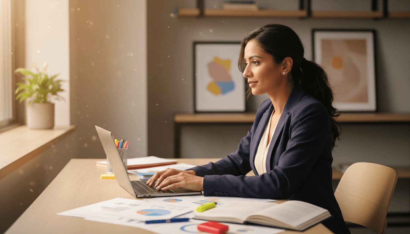 Founder of GHMM Bookkeeping Services at her desk with financial records