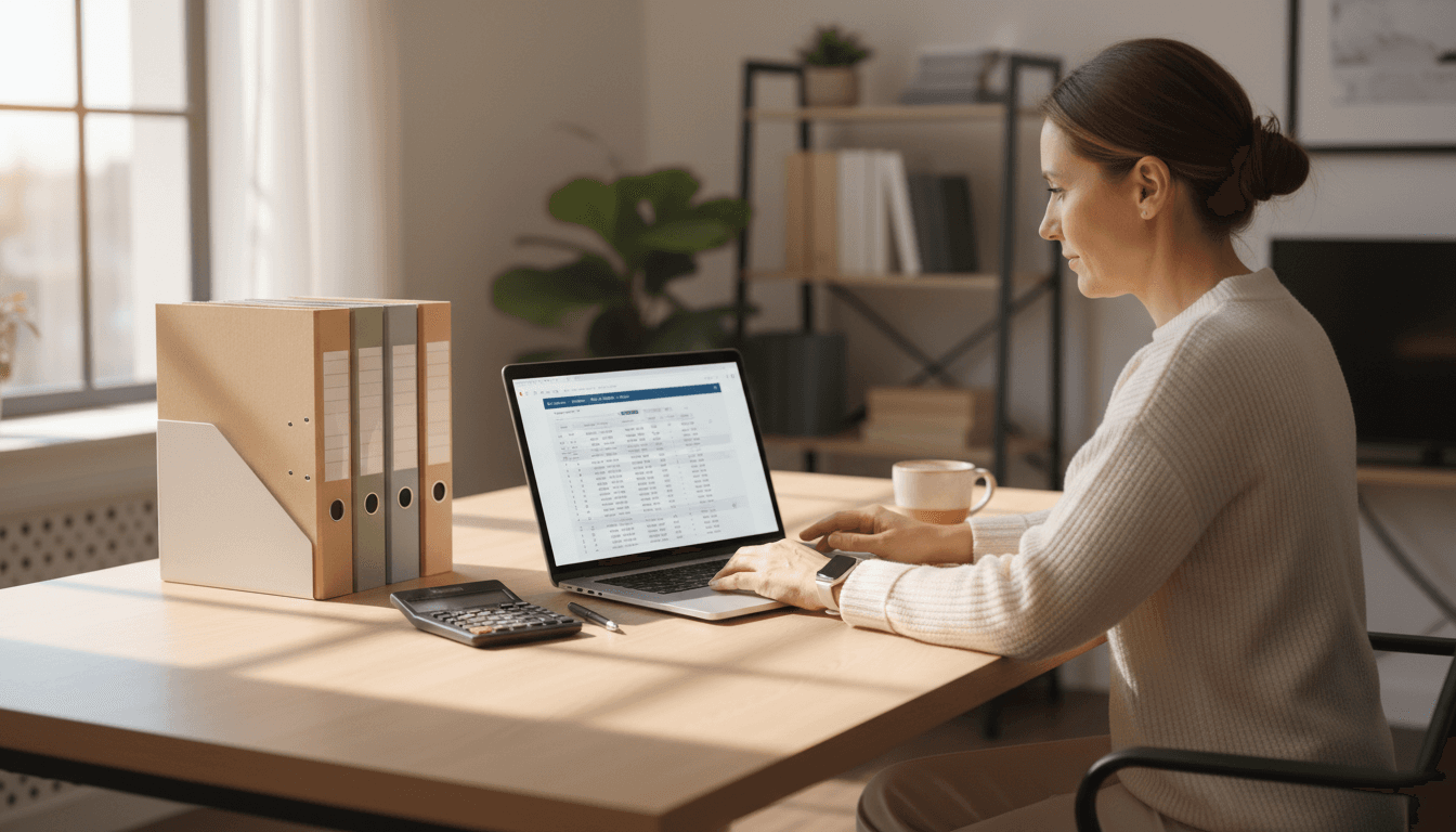 Bookkeeper reviewing financial records on laptop at organized workspace