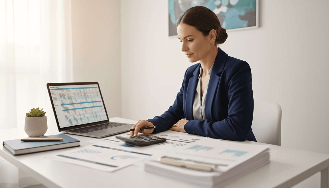 Professional reviewing detailed financial records and invoices at desk