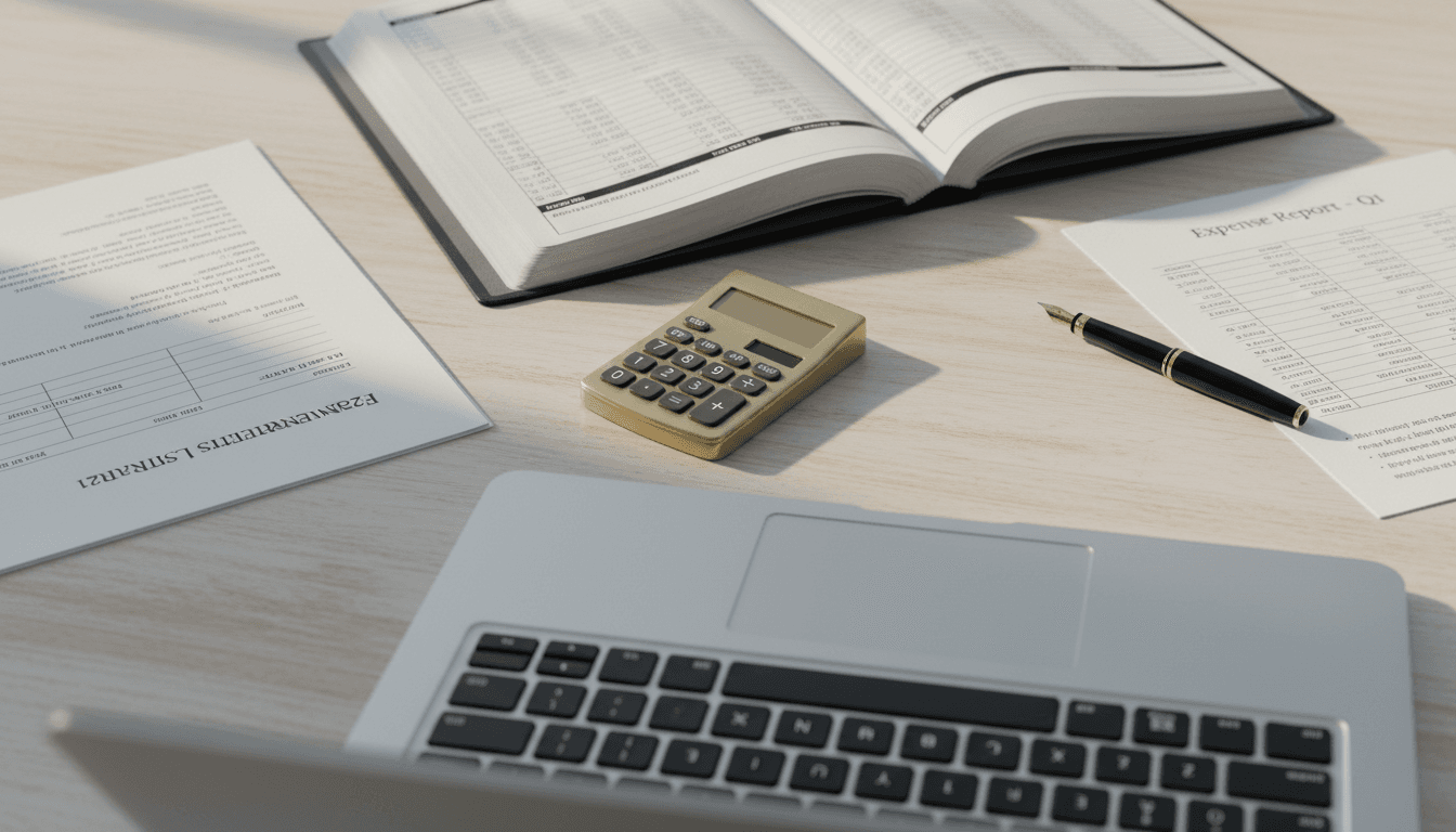 Close-up of bookkeeping documents and accounting tools