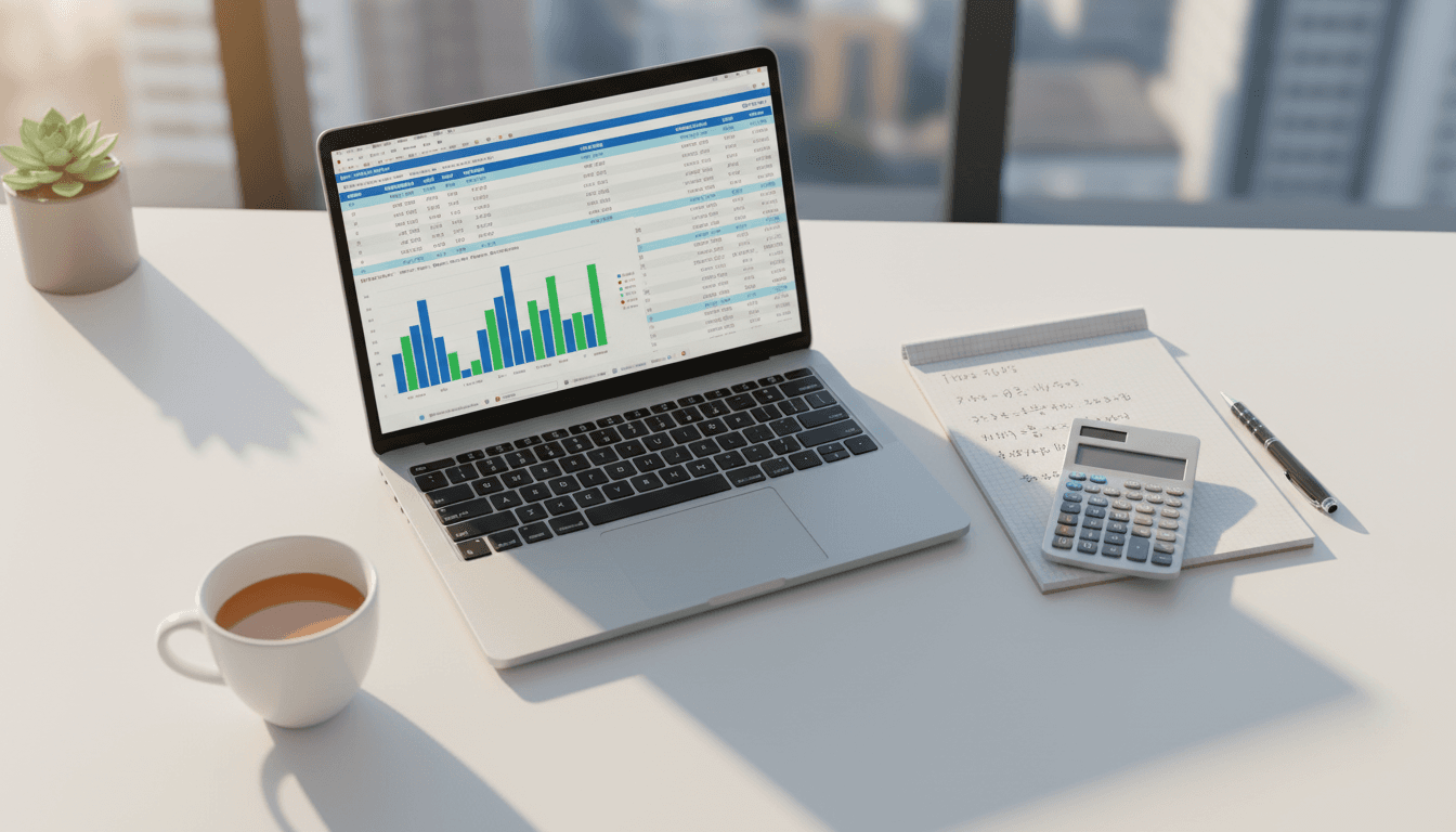 Professional reviewing organized financial records on a laptop at a clean workspace