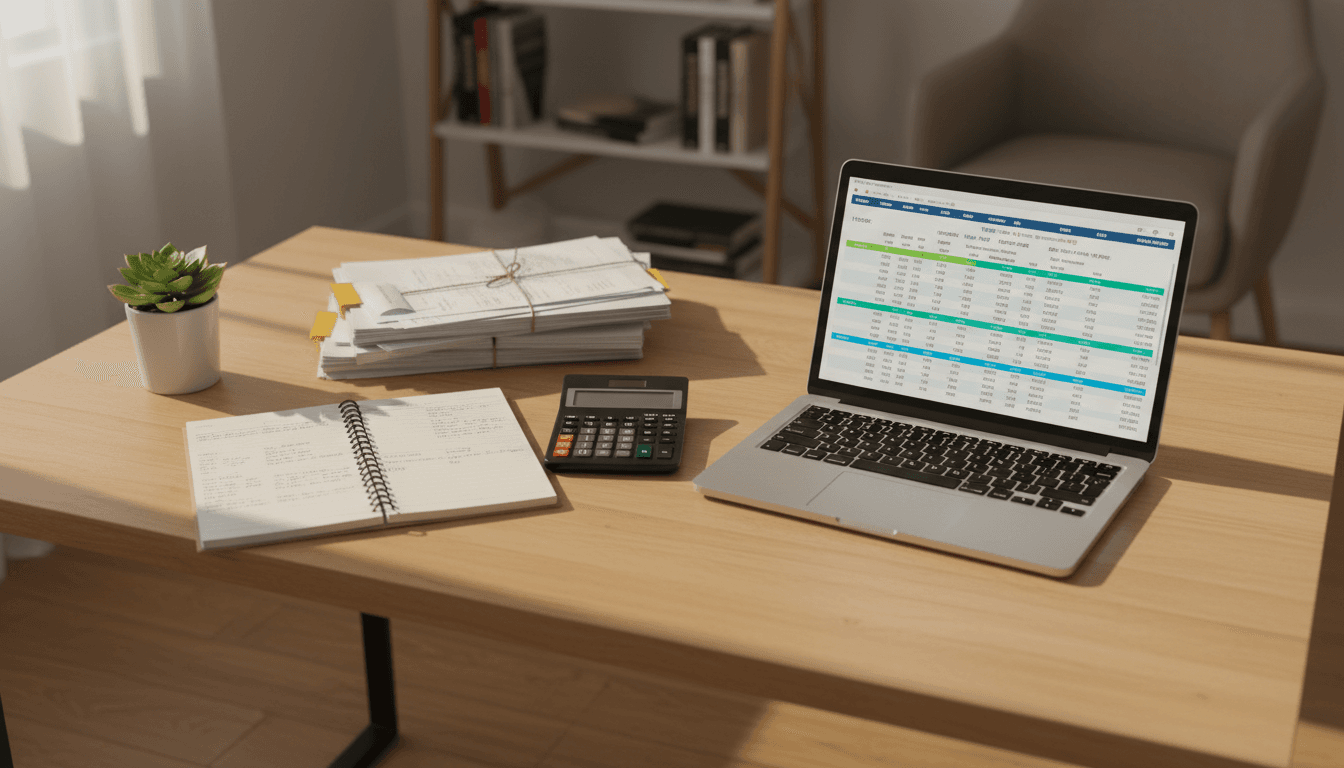 Monthly bookkeeping service showing organized financial records and spreadsheets