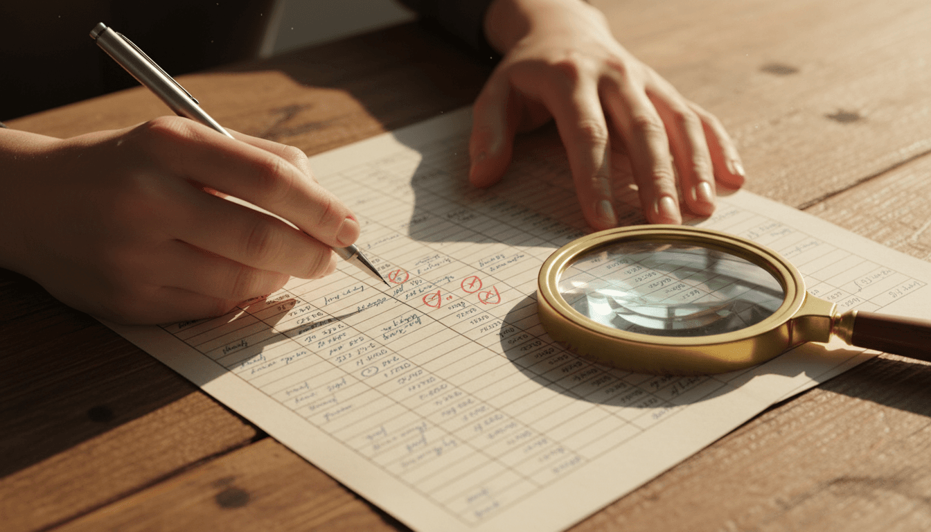 Detailed bookkeeping review with pen and magnifier