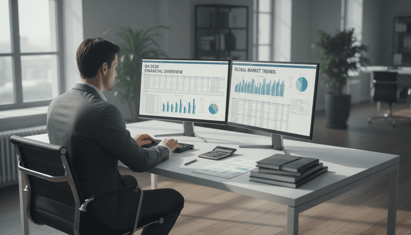 Professional accountant reviewing financial records on computer at organized desk