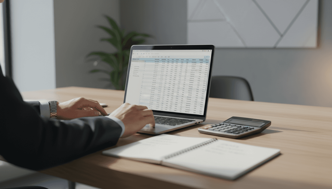 Professional bookkeeper reviewing organized financial records on laptop