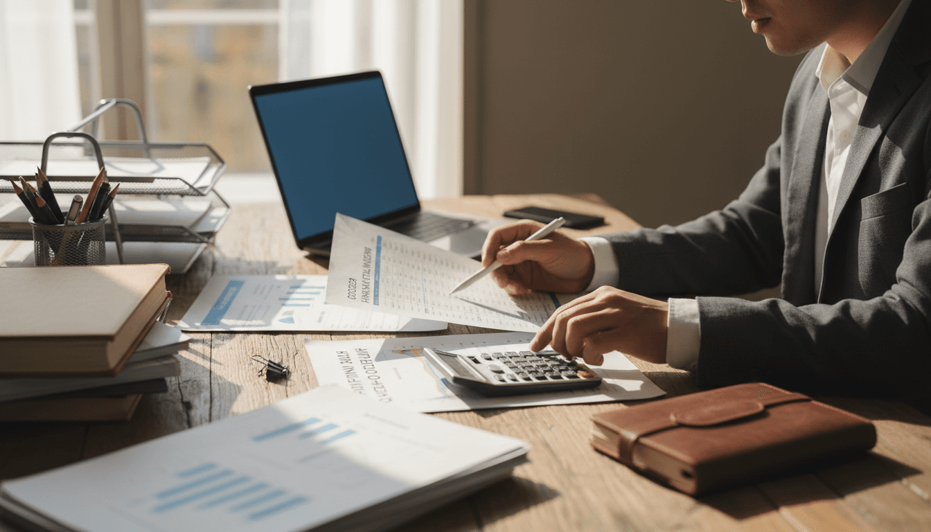 Professional reviewing organized financial documents and bookkeeping records at a desk